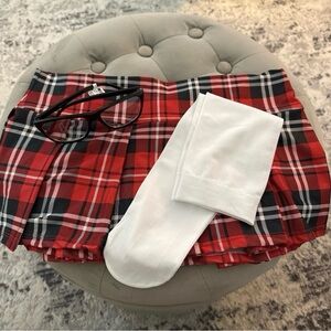 New Schoolgirl Novelty Costume. Skirt, Knee socks, Costume Glasses.